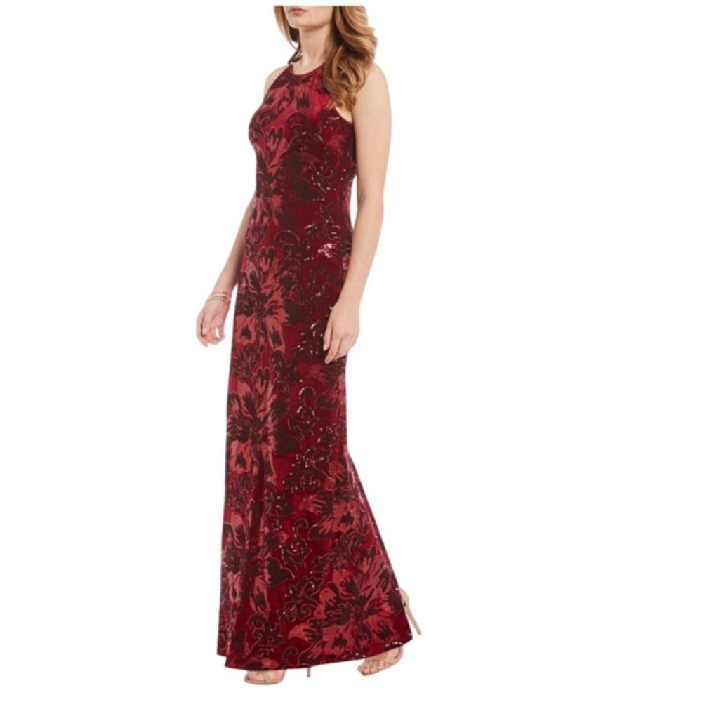 Badgley Mischka Halter Neck Burgundy Velvet Sequin Sleeveless Maxi Formal Gown